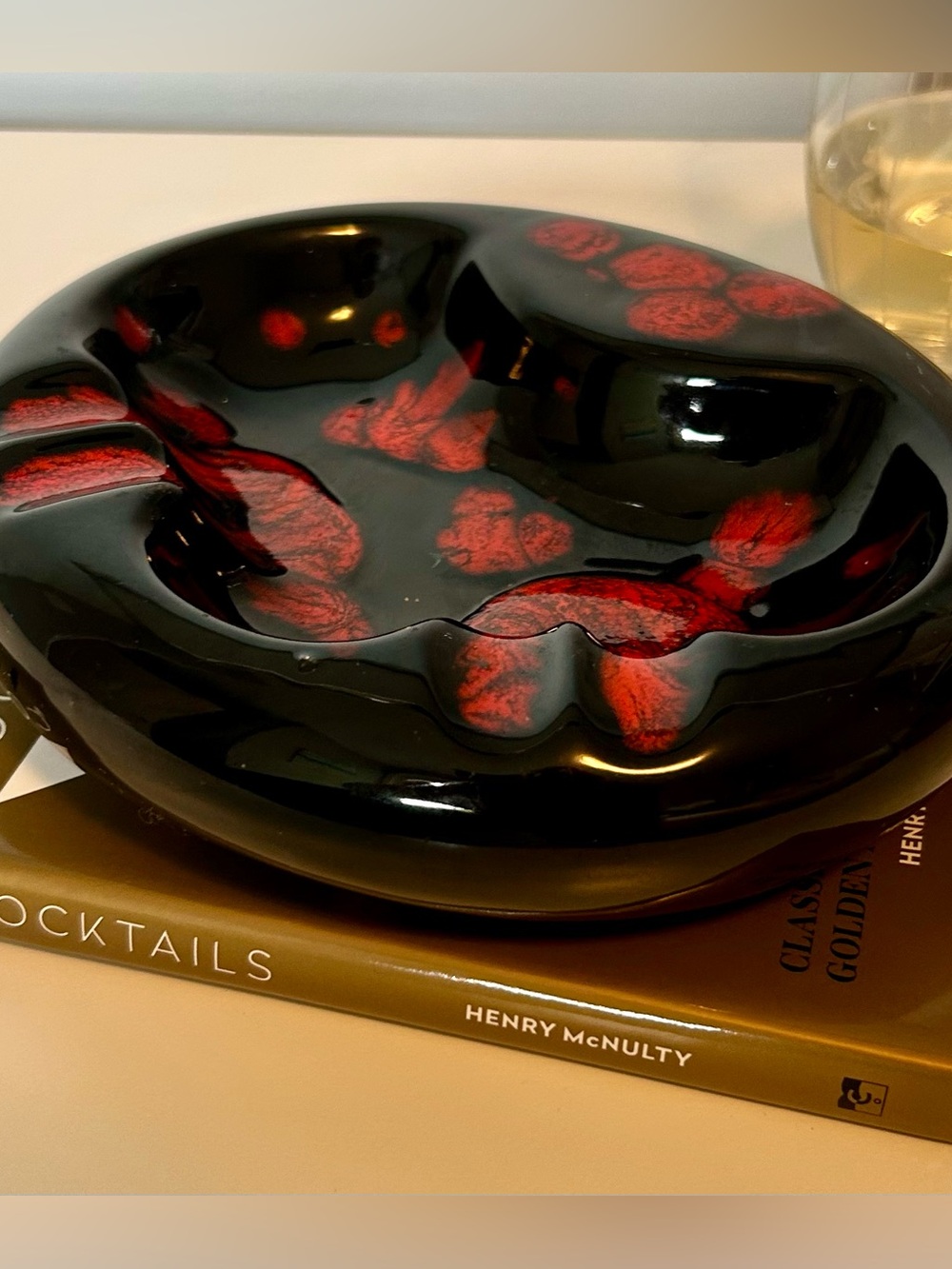 Vintage MCM Black Red Art Glass Ashtray 
Atomic Era